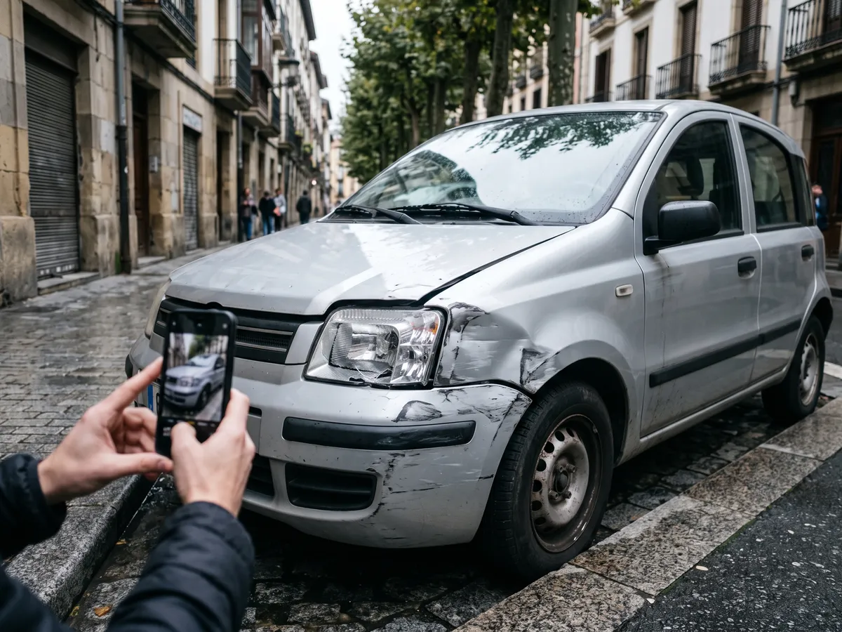 Daño en el frontal de un coche tras un golpe en ciudad