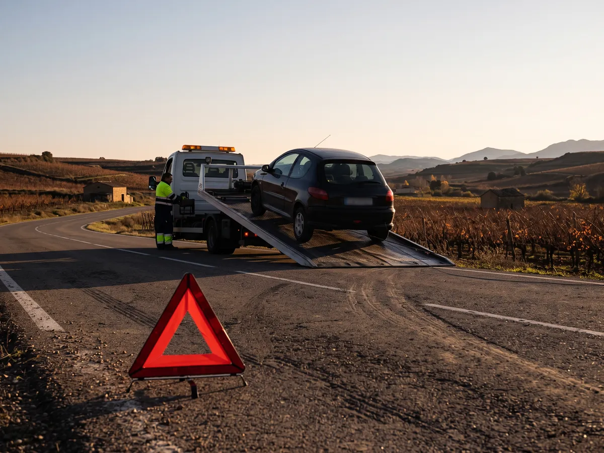 Grúa cargando un coche en el arcén de una carretera