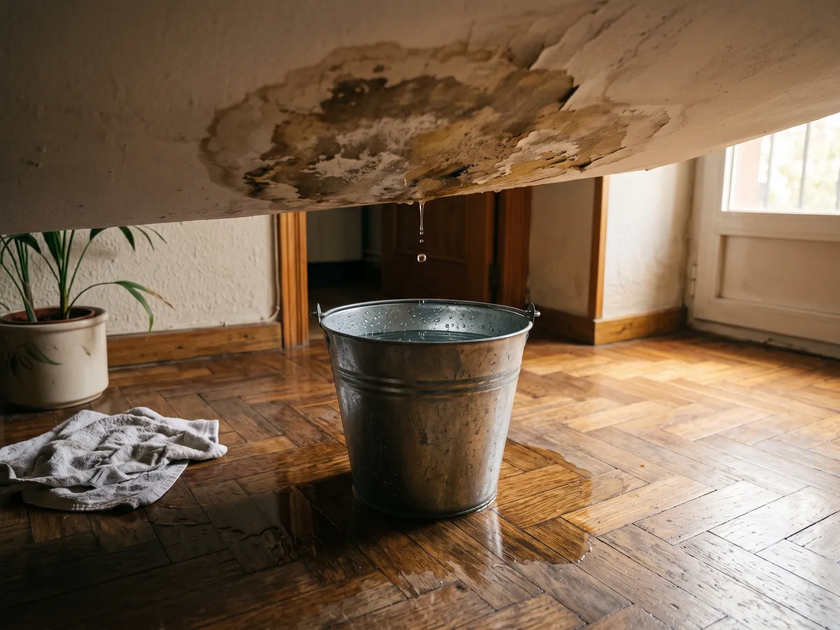 Cubo recogiendo una fuga de agua en el suelo de una vivienda